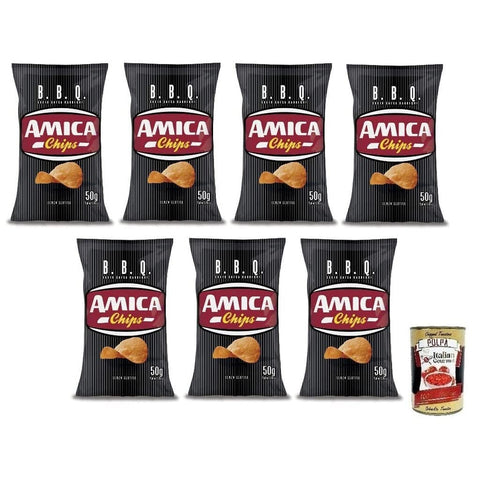 Amica Chips Patatine BBQ Sauce,Kartoffelchips mit Barbecuesauce,Salziger Snack Knusprig und Lecker,Glutenfrei,50g-Beutel 7x Original italienisch inkl. Italian Gourmet Polpa di Pomodoro 400g Dose
