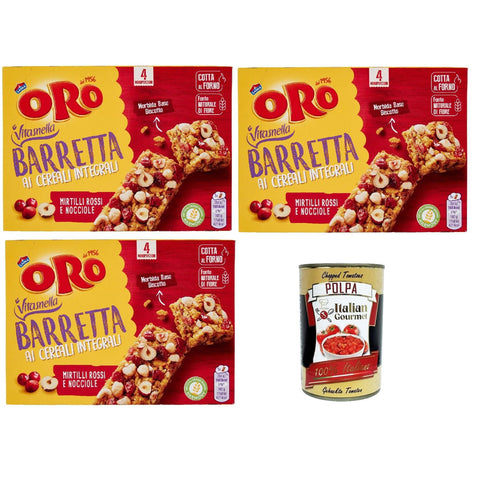 ORO SAIWA Barretta ai Cereali Integrali e ai Mirtilli Rossi e Nocciole, Riegel snack mit Ganzes Getreide und Blaubeer und Haselnüsse 3x 160 g Original italienisch inkl. Italian Gourmet Polpa 400g