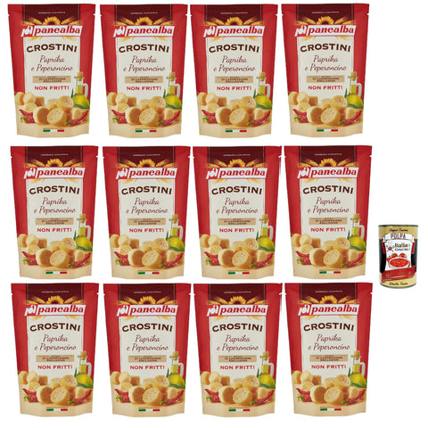 Panealba Crostini Paprika e Peperoncino Croutons mit Paprika and Chilli Gesalzener Snack Nicht Gebraten Nicht Frittiertes 12x 100g inkl. Italian Gourmet polpa 400g Original italienisch