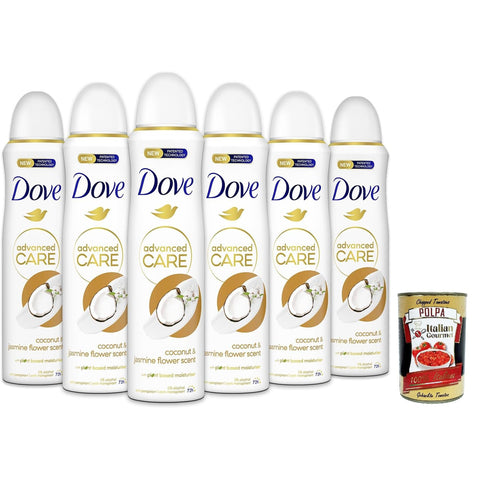 Dove deodorant Spray Advanced Care Go Fresh Kokosnuss - und Jasminblüten, deo Mit feuchtigkeitsspendenden und empfindlichen Formel, ohne Alkohol, 72 Stunden 6x 150 ml inkl. Italian Gourmet polpa 400g Original italienisch