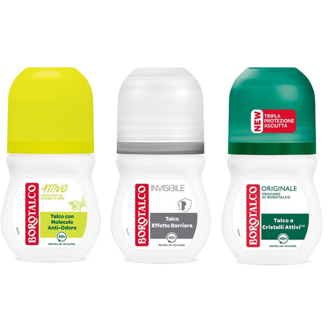Borotalco Testpaket Borotalco Deodorant Roll On alkoholfrei und mit Talkum mit Anti - Geruchs - Molekülen, 48h 50 ml inkl. Italian Gourmet Polpa 400g Original italienisch