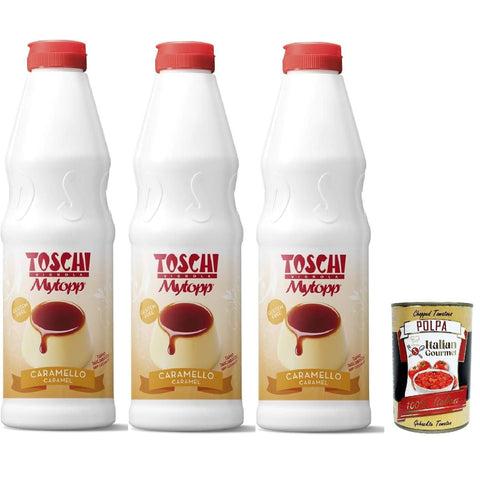 Toschi Topping Squeeze Caramello, Karamell Topping Sauce für Kaffee, Cocktails, Eisbecher, Porridge, Pfannkuchen und Gebäck 1kgr 3x Original italienisch inkl. Italian Gourmet Polpa 400g