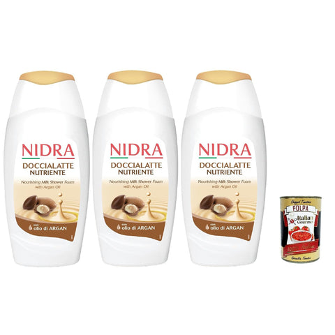 Nidra Doccialatte Nutriente Duschgel Hilft, die Haut mit Feuchtigkeit zu versorgen und zu reinigen mit Milchproteine und Arganöl 3x 250ml Original italienisch inkl. Italian Gourmet Polpa 400g