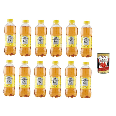 San Benedetto Thè Limone 12x 500ml, Eistee The' Zitrone PET Einweg, ice tea erfrischend, Ohne Konservierungsstoffe und künstliche Farbstoffe Original italienisch inkl. Italian Gourmet Polpa 400g