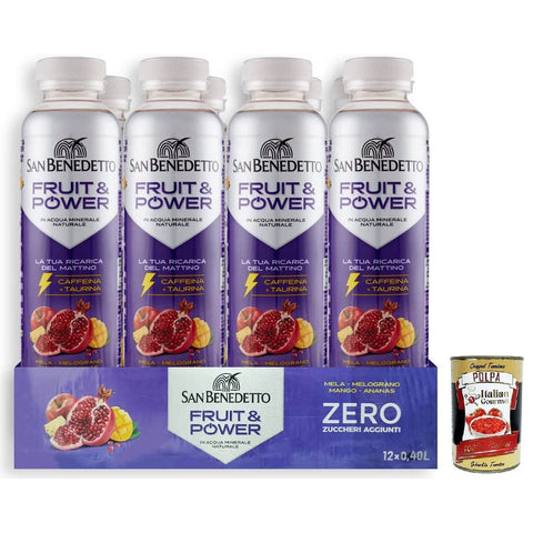 San Benedetto Fruit Power,Energiegetränk mit Apfel-, Granatapfel-, Mango- und Ananas Geschmack,Alkoholfreies Getränk,40cl Einweg-PET-Flasche 12x Original italienisch inkl. Italian Gourmet Polpa di Pomodoro 400g Dose
