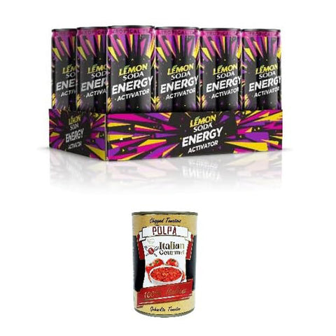 Lemonsoda Energy Activator - Tropical Trip, Energy Drink mit tropischem Fruchtgeschmack,, mit einer Mischung aus Früchten, Vitaminen und Koffein 12 Dosen à 33 cl inkl. Italian Gourmet polpa 400g Original italienisch