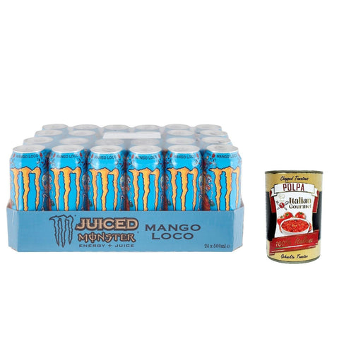 Monster Energy Mango Loco - koffeinhaltiger Energy Drink mit tropischem Fruchtgeschmack aus Mango, Guave und Ananas - in praktischen Einweg Dosen ( ) 24 x 500 ml inkl. Italian Gourmet polpa 400g Original italienisch