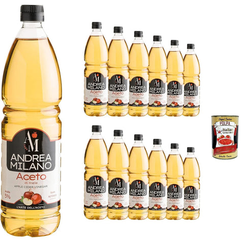 Andrea Milano Apfelessig, empfindlicher und aromatischer Geschmack, ideal zum Kombinieren mit gekochtem und rohem Gemüse, 5% Säure, hergestellt in Italien, 12x 1lt Original italienisch inkl. Italian Gourmet Polpa 400g