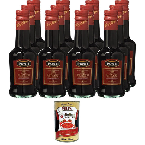 Ponti Aceto Balsamico Modena IGP Etichetta Rossa, Balsamico-Essig aus Modena Rotes Etikett, 12x250ml Original italienisch inkl. Italian Gourmet Polpa 400g