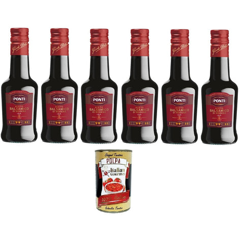 Ponti Aceto Balsamico Modena IGP Etichetta Rossa, Balsamico-Essig aus Modena IGP Rotes Etikett, 6x250ml Original italienisch inkl. Italian Gourmet Polpa 400g