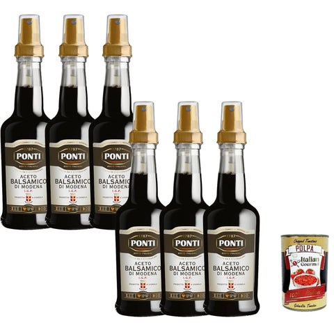 Ponti Balsamico-Essig Modena I.G.P. Spray, intensiver Duft, ideal für gekochtes und rohes rotes Fleisch, frischen und reifen Käse, 100% italienisch, 6x 250 ml Original italienisch inkl. Italian Gourmet Polpa 400g