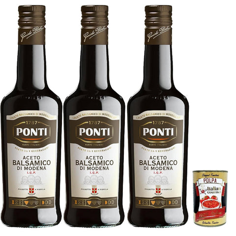Ponti Modena I.G.P. Balsamico-Essig, aus Trauben von 7 ausgewählten Rebsorten und edler Weinessig, ideal zum Würzen von rohem und gekochtem rotem Fleisch, 3x 500 ml Original italienisch inkl. Italian Gourmet Polpa 400g