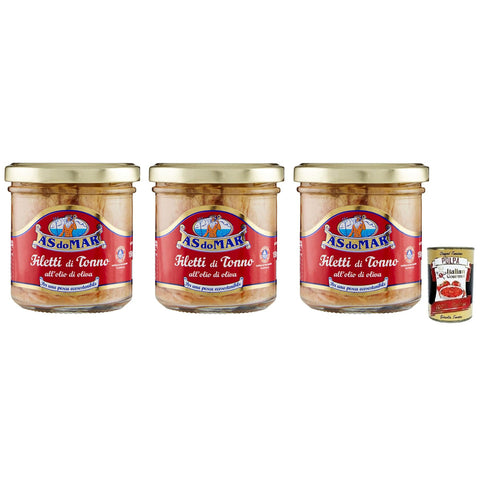 AS do Mar Filetti di Tonno all'Olio di Oliva, Thunfischfilets in Olivenöl, Glas 3x 150g inkl. Italian Gourmet Polpa di Pomodoro 400g Dose Original italienisch