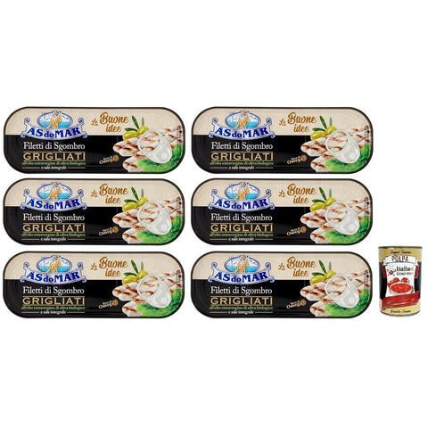 AS do Mar Filetti di Sgombro Grigliati, Gegrillte Makrelenfilets in Bio - Olivenöl Extra und Vollsalz, Dose 6x 120g inkl. Italian Gourmet Polpa di Pomodoro 400g Dose Original italienisch