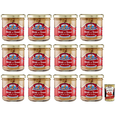 AS do Mar Filetti di Tonno all'Olio di Oliva, Thunfischfilets in Olivenöl, Glas 12x 150g inkl. Italian Gourmet Polpa di Pomodoro 400g Dose Original italienisch
