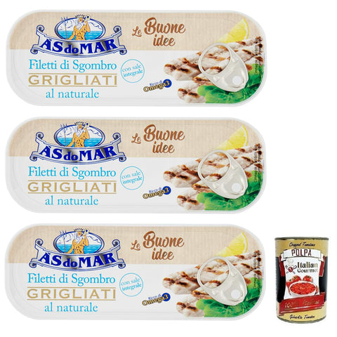 AS do Mar Filetti di Sgombro Grigliati al Naturale,Natürliche Gegrillte Makrelenfilets und Vollsalz,120g Dose 3x Original italienisch inkl. Italian Gourmet Polpa di Pomodoro 400g Dose
