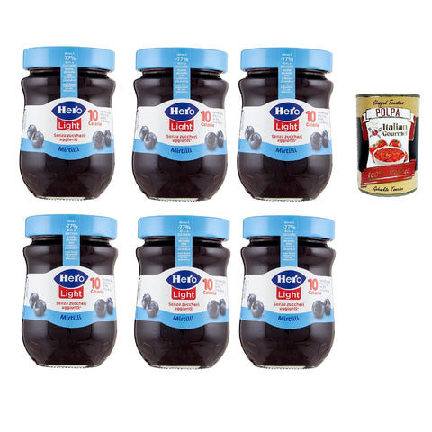 Hero Light Konfitüre Leichte Brotaufstriche Blaubeeren, Extra - Marmelade und Konfitüre mit hochwertigen Früchten, ohne Zuckerzusatz und sehr wenig Kalorien 6x 280 g inkl. Italian Gourmet polpa 400g Original italienisch