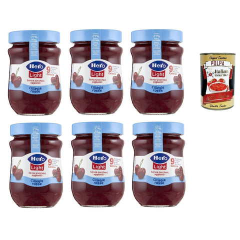Hero Light Konfitüre Leichte Brotaufstriche Rote Kirschen, Extra-Marmelade und Konfitüre mit hochwertigen Früchten, ohne Zuckerzusatz und sehr wenig Kalorien 6x 280 g Original italienisch inkl. Italian Gourmet Polpa 400g