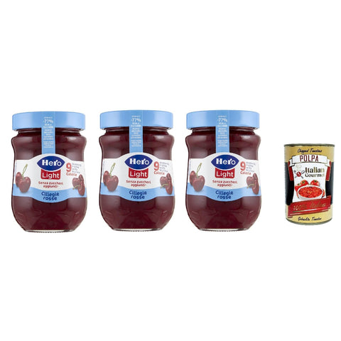 Hero Light Konfitüre Leichte Brotaufstriche Rote Kirschen, Extra-Marmelade und Konfitüre mit hochwertigen Früchten, ohne Zuckerzusatz und sehr wenig Kalorien 3x 280 g Original italienisch inkl. Italian Gourmet Polpa 400g