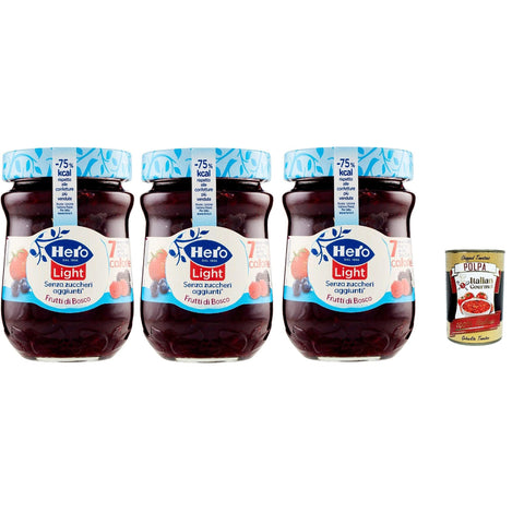 Hero Light Konfitüre Leichte Brotaufstriche wilde Beeren, Extra-Marmelade und Konfitüre mit hochwertigen Früchten, ohne Zuckerzusatz und sehr wenig Kalorien 3x 280 g Original italienisch inkl. Italian Gourmet Polpa 400g