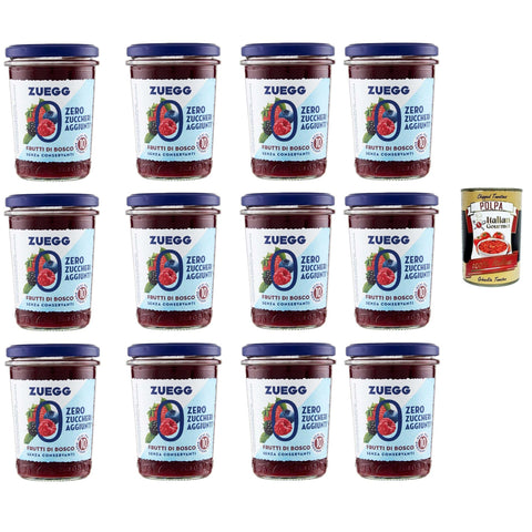 Zuegg Zero Frutti di bosco, Beeren Marmelade Jam Ohne Zuckerzusatz, Frei von Konservierungsstoffen 12x 220g Glas Original italienisch inkl. Italian Gourmet Polpa di Pomodoro 400g Dose