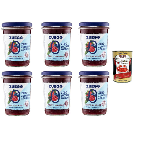 Zuegg Zero Frutti di bosco, Beeren Marmelade Jam Ohne Zuckerzusatz, Frei von Konservierungsstoffen 6x 220g Glas Original italienisch inkl. Italian Gourmet Polpa di Pomodoro 400g Dose