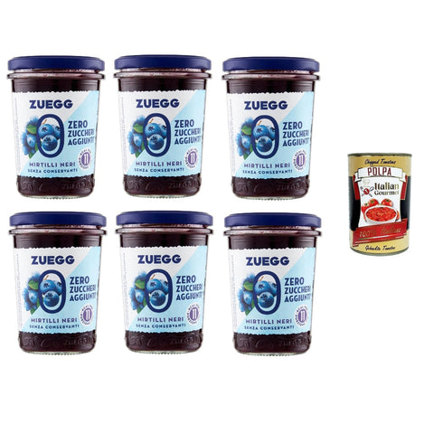 Zuegg Zero Mirtilli, Blaubeeren Marmelade Jam Ohne Zuckerzusatz, Frei von Konservierungsstoffen Glas 6x 220g inkl. Italian Gourmet Polpa di Pomodoro 400g Dose Original italienisch