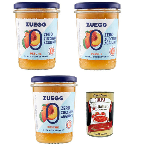 Zuegg Zero Pesche Pfirsiche Marmelade Jam Ohne Zuckerzusatz, Frei von Konservierungsstoffen Glas 3x 220g inkl. Italian Gourmet Polpa di Pomodoro 400g Dose Original italienisch