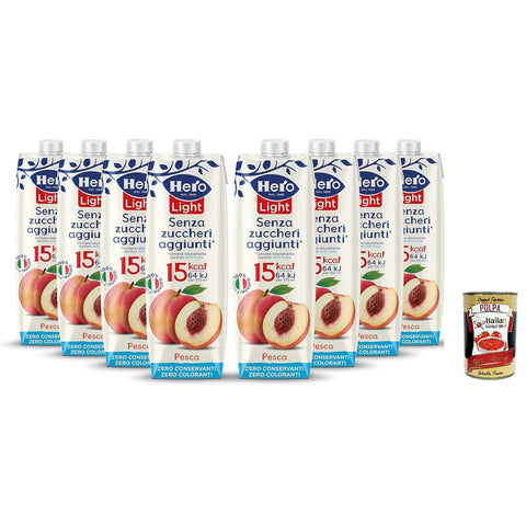 Hero Light Fruit Drink Pfirsichgeschmack, - Flaschen, Fruchtsaft, ohne zugesetzten Zucker, Null - Konservierungsstoffe, Nullfarbstoffe 8x 1L inkl. Italian Gourmet polpa 400g Original italienisch