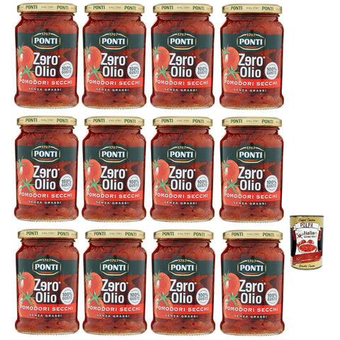 Ponti Pomodori Secchi Zero Olio, Ohne Öl, Getrocknete Tomaten, Fettfrei, Glas 12x 300g inkl. Italian Gourmet Polpa di Pomodoro 400g Dose Original italienisch