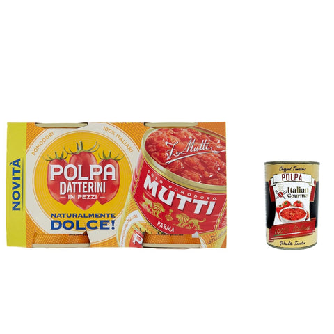 Mutti Polpa Datterini natürlich süß Tomaten ( 300gr x 2 ), Datterini Tomatenpulpe Tomaten sauce 100% Italienisch 24x Original italienisch inkl. Italian Gourmet Polpa 400g