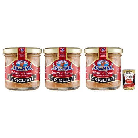 AS do Mar Filetti di Tonno Grigliati all'Olio di Oliva,Gegrillte Thunfischfilets in Olivenöl,150g Glas 3x Original italienisch inkl. Italian Gourmet Polpa di Pomodoro 400g Dose