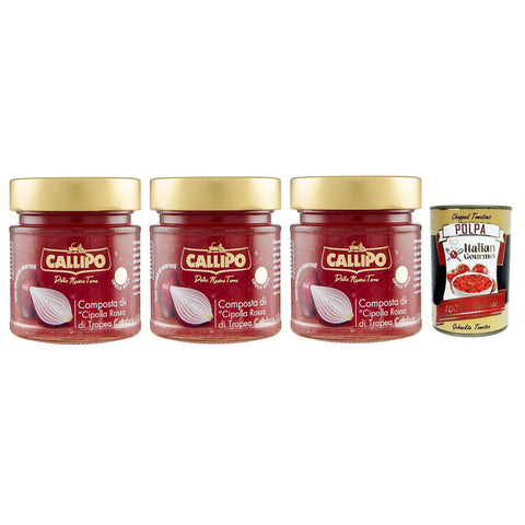 Callipo Composta Di Cipolla Rossa Di Tropea Calabria I.G.P., Kompott aus Roten Zwiebeln aus Tropea Kalabrien, Glas 3x 300g inkl. Italian Gourmet Polpa di Pomodoro 400g Dose Original italienisch
