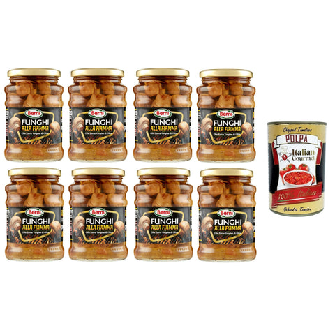 Berni Funghi alla Fiamma con Olio Extra Vergine di Oliva Flammpilze mit Nativem Olivenöl Extra 8x 350 g inkl. Italian Gourmet polpa 400g Original italienisch