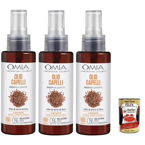 Omia Olio Capelli Eco Bio con Olio di Semi di Lino, Haaröl mit Flachssamenöl, Für kraus und rebellische Haare, glatte und disziplinierende Aktion ohne Silikone, 3x 100 ml Original italienisch inkl. Italian Gourmet Polpa 400g