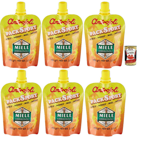 Ambrosoli Packsport Miele Millefiori, sport honey honig, IDEAL FÜR Sportler, Frühstück, sehr streichfähig. 6x 100g inkl. Italian Gourmet polpa 400g Original italienisch