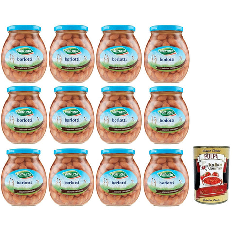 Valfrutta Fagioli Borlotti,Italienische Borlotti-Bohnen,Hülsenfrucht Gemüse Gekochte Bohnen,Glas 360g 12x Original italienisch inkl. Italian Gourmet Polpa di Pomodoro 400g Dose