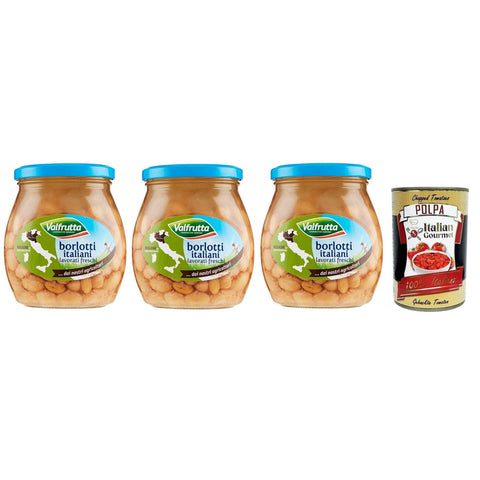 Valfrutta Fagioli Borlotti,Italienische Borlotti-Bohnen,Hülsenfrucht Gemüse Gekochte Bohnen,Glas 570g 3x Original italienisch inkl. Italian Gourmet Polpa di Pomodoro 400g Dose