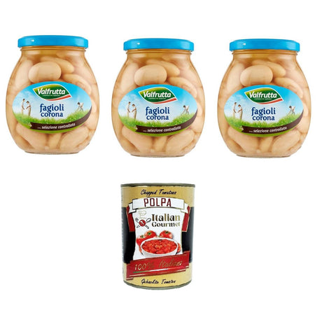 Valfrutta Fagioli Corona, Italienische Corona - Bohnen, Hülsenfrücht Gemüse Gekochte Bohnen, Glas 3x 360g inkl. Italian Gourmet Polpa di Pomodoro 400g Dose Original italienisch