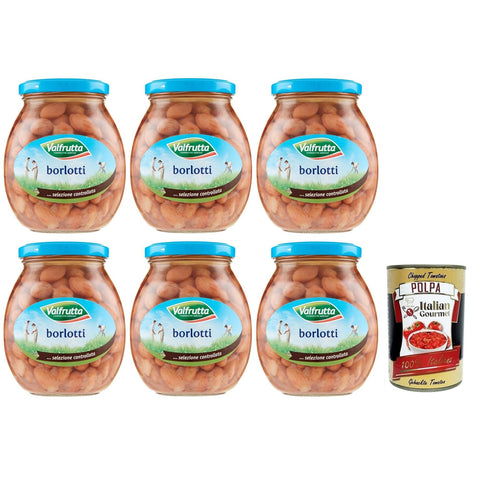 Valfrutta Fagioli Borlotti,Italienische Borlotti-Bohnen,Hülsenfrucht Gemüse Gekochte Bohnen,Glas 360g 6x Original italienisch inkl. Italian Gourmet Polpa di Pomodoro 400g Dose