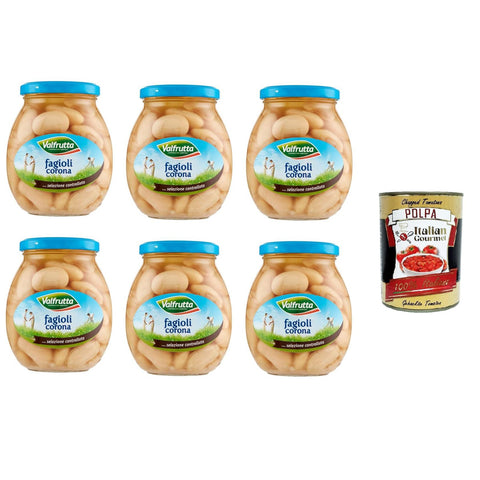 Valfrutta Fagioli Corona, Italienische Corona - Bohnen, Hülsenfrücht Gemüse Gekochte Bohnen, Glas 6x 360g inkl. Italian Gourmet Polpa di Pomodoro 400g Dose Original italienisch