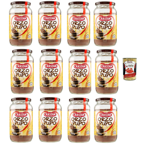 Crastan Orzo Pupo, 100% italien Instant lösliche Gerste Getreidekaffee Kaffee 12x 200gr inkl. Italian Gourmet polpa 400g Original italienisch