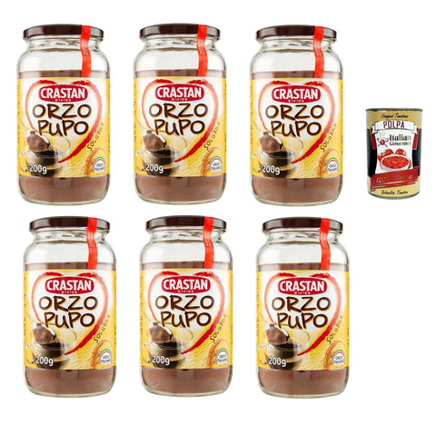 Crastan Orzo Pupo, 100% italien Instant lösliche Gerste Getreidekaffee Kaffee 6x 200gr inkl. Italian Gourmet polpa 400g Original italienisch