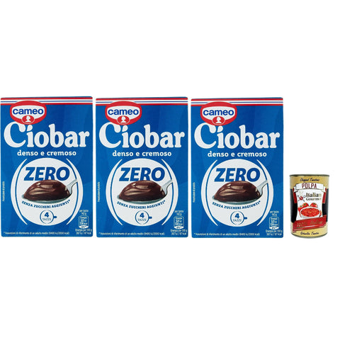 Cameo Ciobar Zero Heiße Schokolade ohne Zuckerzusatz (enthält von Natur aus Zucker), dichter und cremiger Getränkemix mit Schokoladengeschmack für 4 Tassen, 3x 76 g Original italienisch inkl. Italian Gourmet Polpa 400g