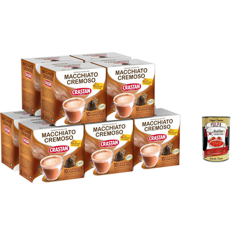 Crastan 100 Kapseln, 10 Kisten aus 10 Kapseln Macchiato e cremoso Geschmack, Kapseln, die mit süßem Geschmack kompatibel sind, um zu süßen zu schmecken Original italienisch inkl. Italian Gourmet Polpa 400g