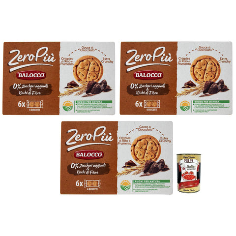 Balocco Zero Più Biscotti Ohne Zuckerzusatz,Kekse mit Reis- und Weizencrispies,Schokoladentropfen und Extra Crunchy 210g 3x Original italienisch inkl. Italian Gourmet Polpa di Pomodoro 400g Dose