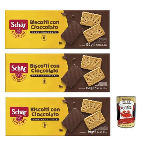 Schar Dr. Schär Biscotti Senza Glutine con Cioccolato Fondente, Glutenfreie Kekse mit dunkler Schokolade, Süße Snacks 3x 150g inkl. Italian Gourmet Polpa di Pomodoro 400g Dose Original italienisch