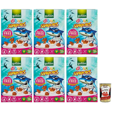 Gullon Gullón Gluten Free Sharkies Dibus, Glutenfreie Kinderkekse, Kakaokekse, Packung mit 6x 250g inkl. Italian Gourmet Polpa di Pomodoro 400g Dose Original italienisch