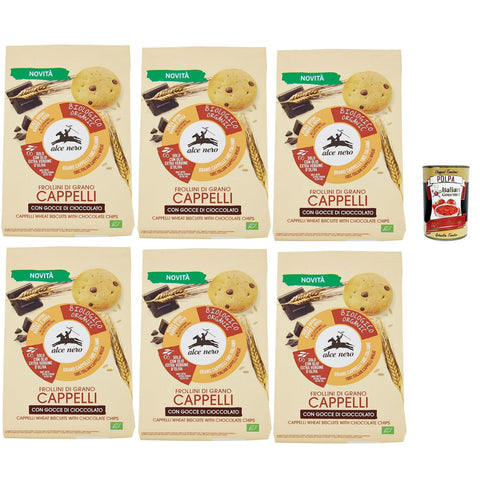 Alce Nero Frollini di grano Cappelli con gocce di cioccolato Weizenkekse mit dunkle Schokoladentropfen Kekse 6x 250g Original italienisch inkl. Italian Gourmet Polpa 400g