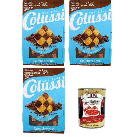 Colussi Quadricao Biscotti con Cacao e Cereali Antichi Kekse mit Kakao und altem Getreide 3x450 g Original italienisch inkl. Italian Gourmet Polpa 400g